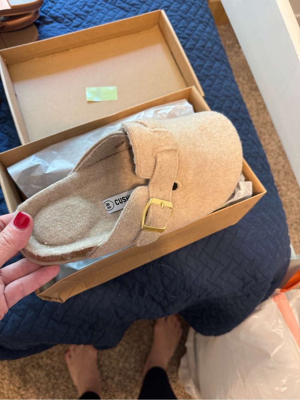 Beige Slip-On Clog Mule with Gold Buckle